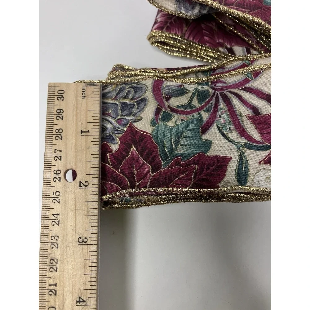 Vintage Christmas Burgundy Poinsettia Gold Edge Wired Ribbon 2.25
